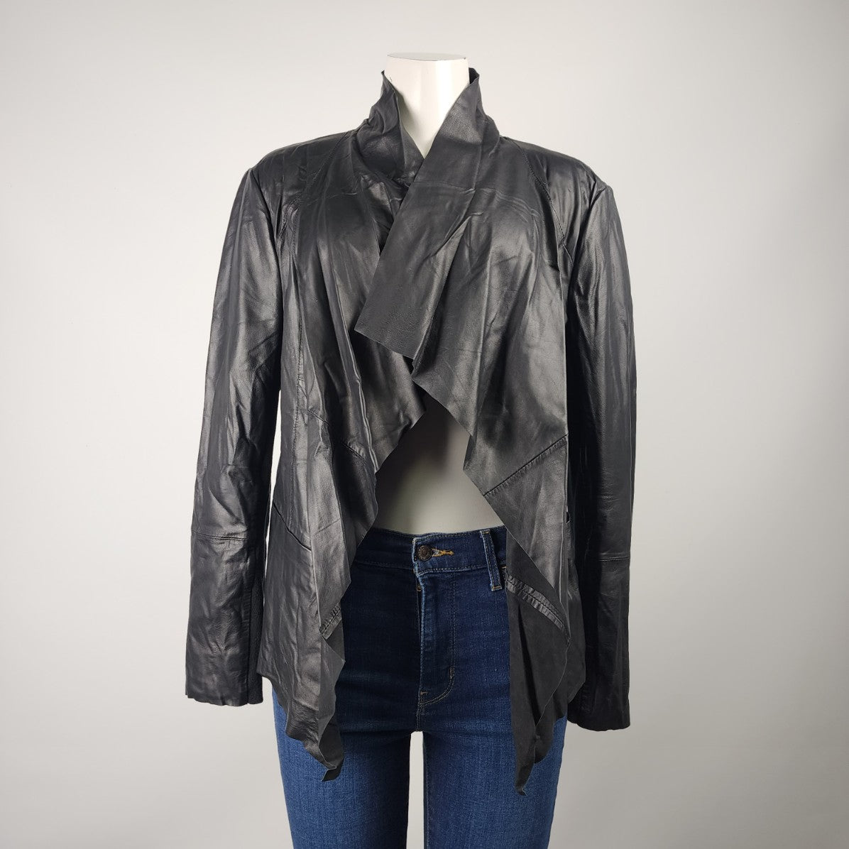 Melanie Lyne Black Leather Waterfall Jacket Size XL