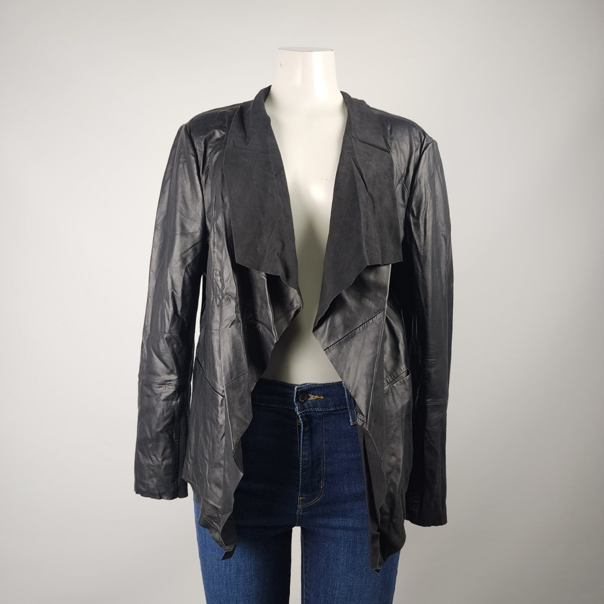 Melanie Lyne Black Leather Waterfall Jacket Size XL