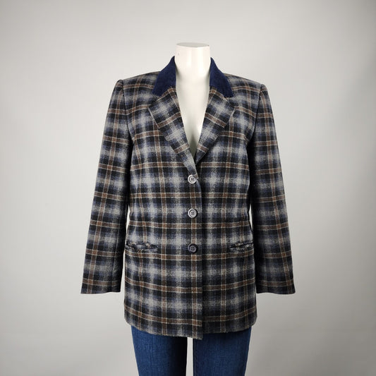 Tribal Navy Plaid Wool 3 Button Blazer Size 6