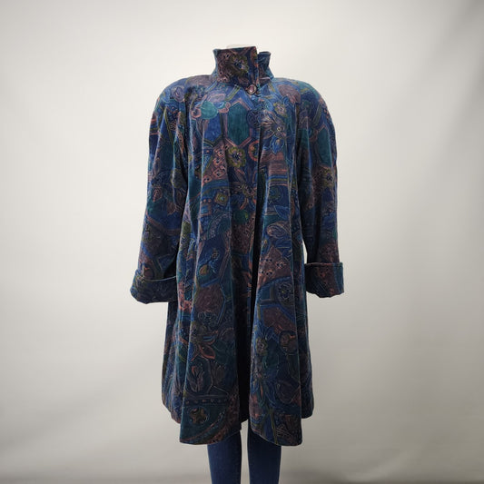 Vintage Luba Blue Velvet Paisley Swing Coat Size L/XL