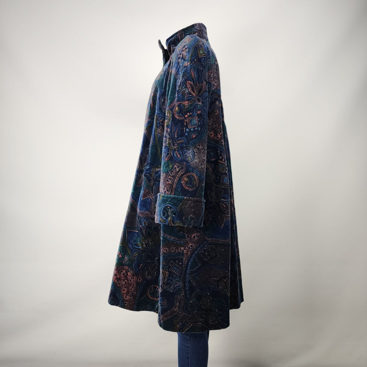 Vintage Luba Blue Velvet Paisley Swing Coat Size L/XL