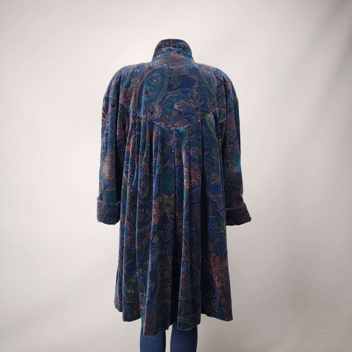 Vintage Luba Blue Velvet Paisley Swing Coat Size L/XL