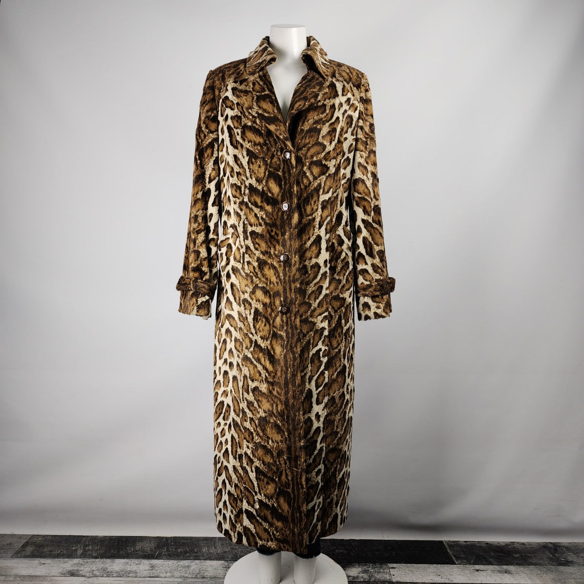 Simon Chang Brown Animal Print Button Up Long Jacket Size 12