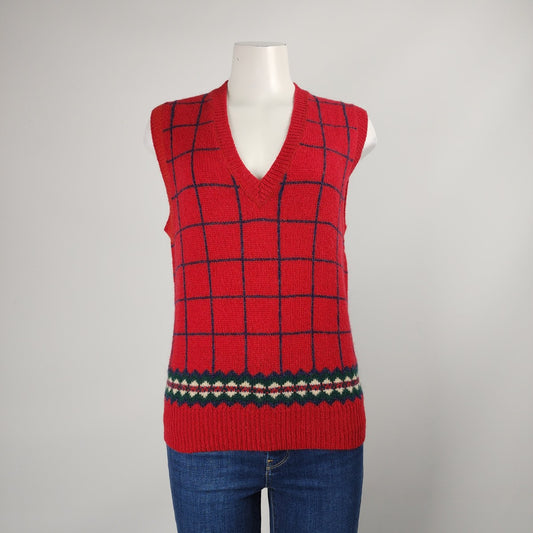 Vintage Talbots Red Wool Knit Geometric Print Sweater Vest Size S