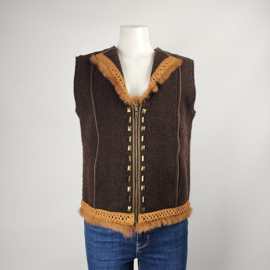 Vintage Venario Brown Wool Fur Trim Zip Up Vest Size M