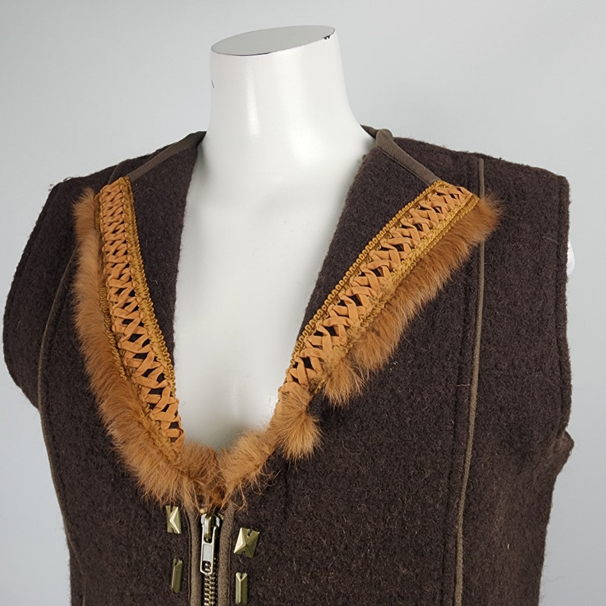 Vintage Venario Brown Wool Fur Trim Zip Up Vest Size M