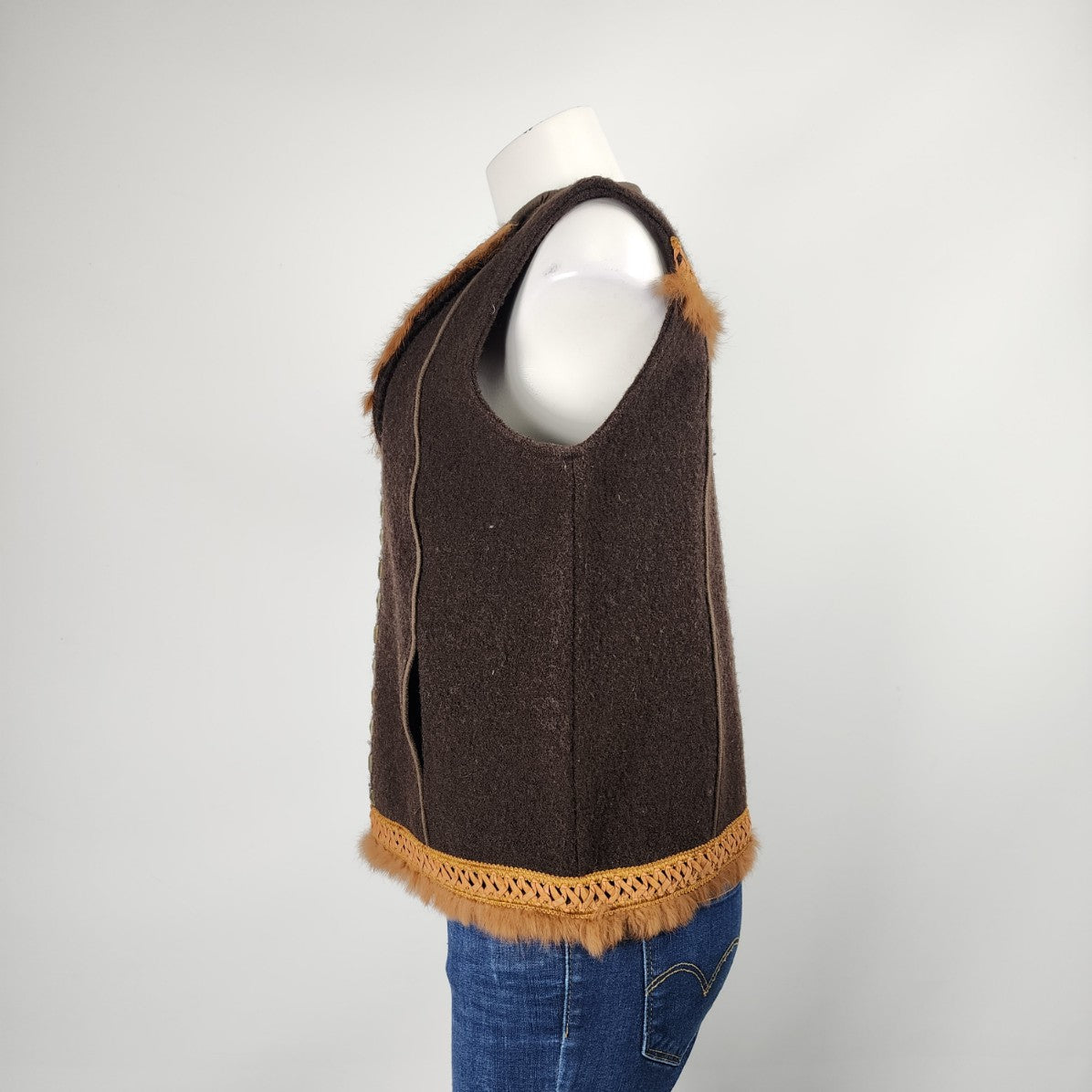 Vintage Venario Brown Wool Fur Trim Zip Up Vest Size M