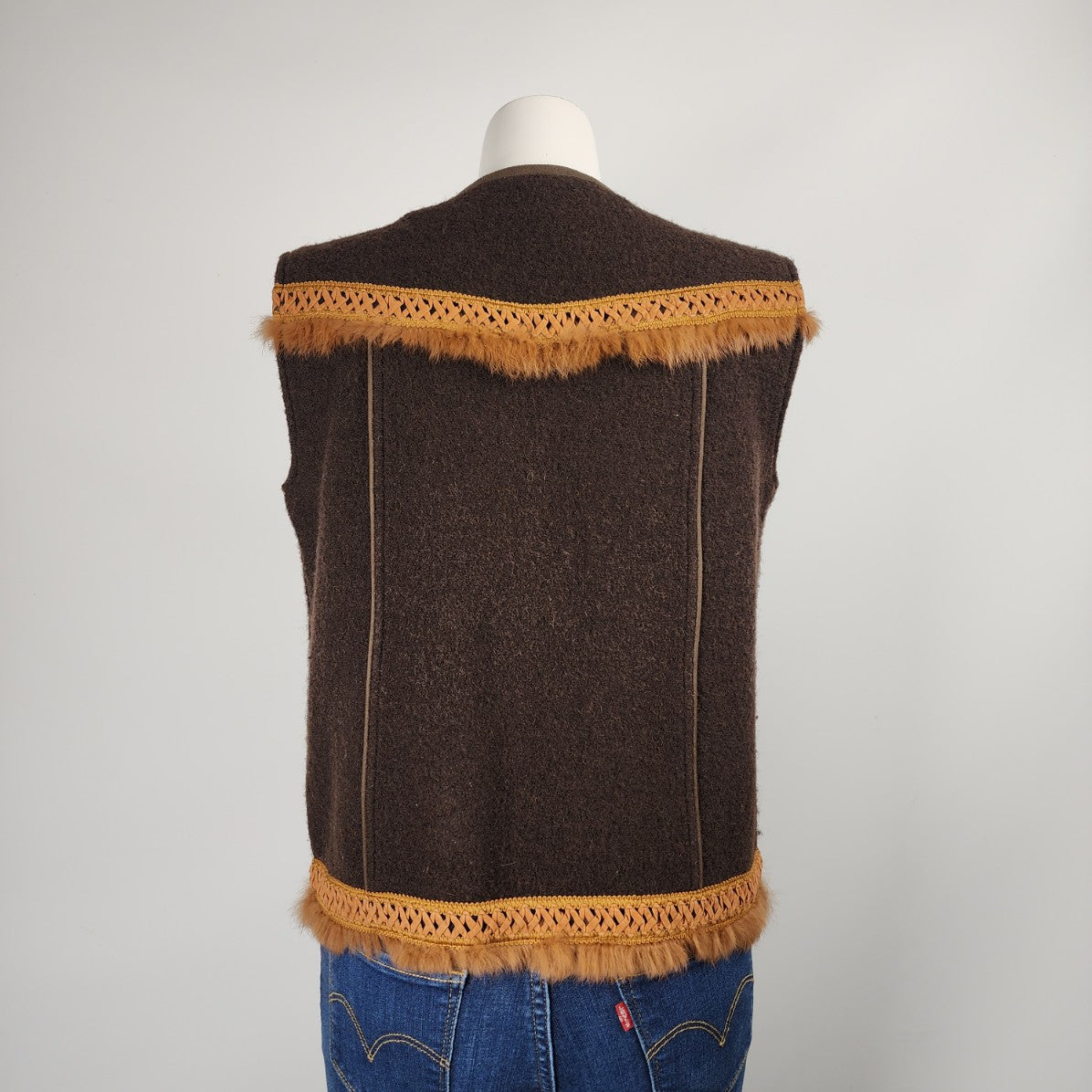 Vintage Venario Brown Wool Fur Trim Zip Up Vest Size M