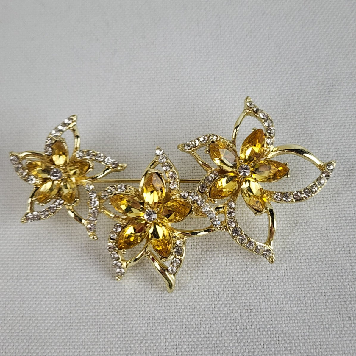 Gold Crystal Rhinestone Flower Brooch