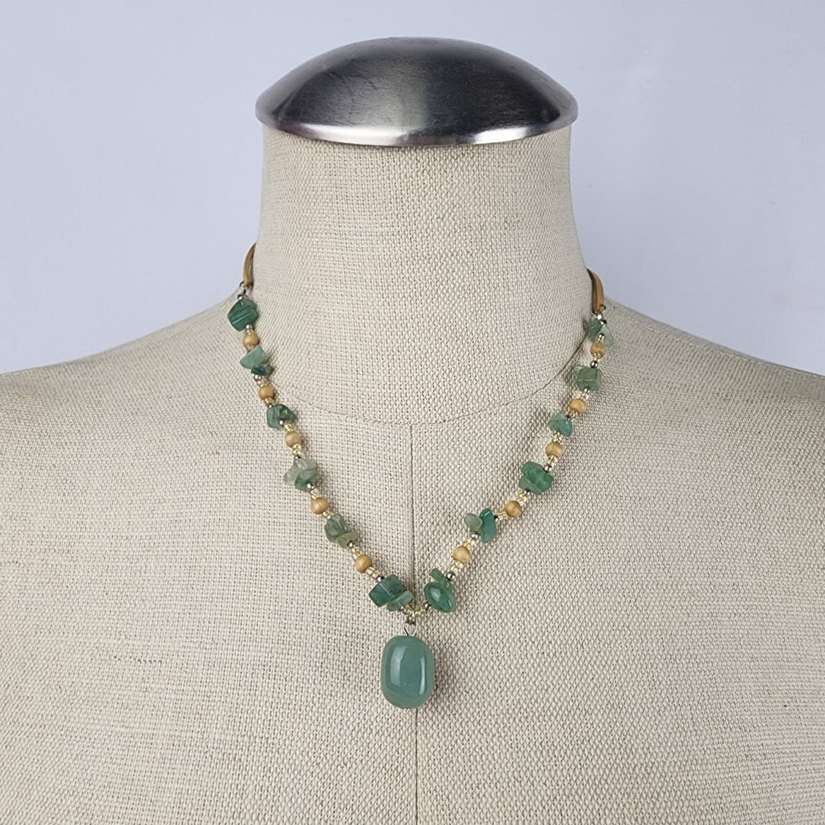 Green Natural Stone Brown Cord Necklace