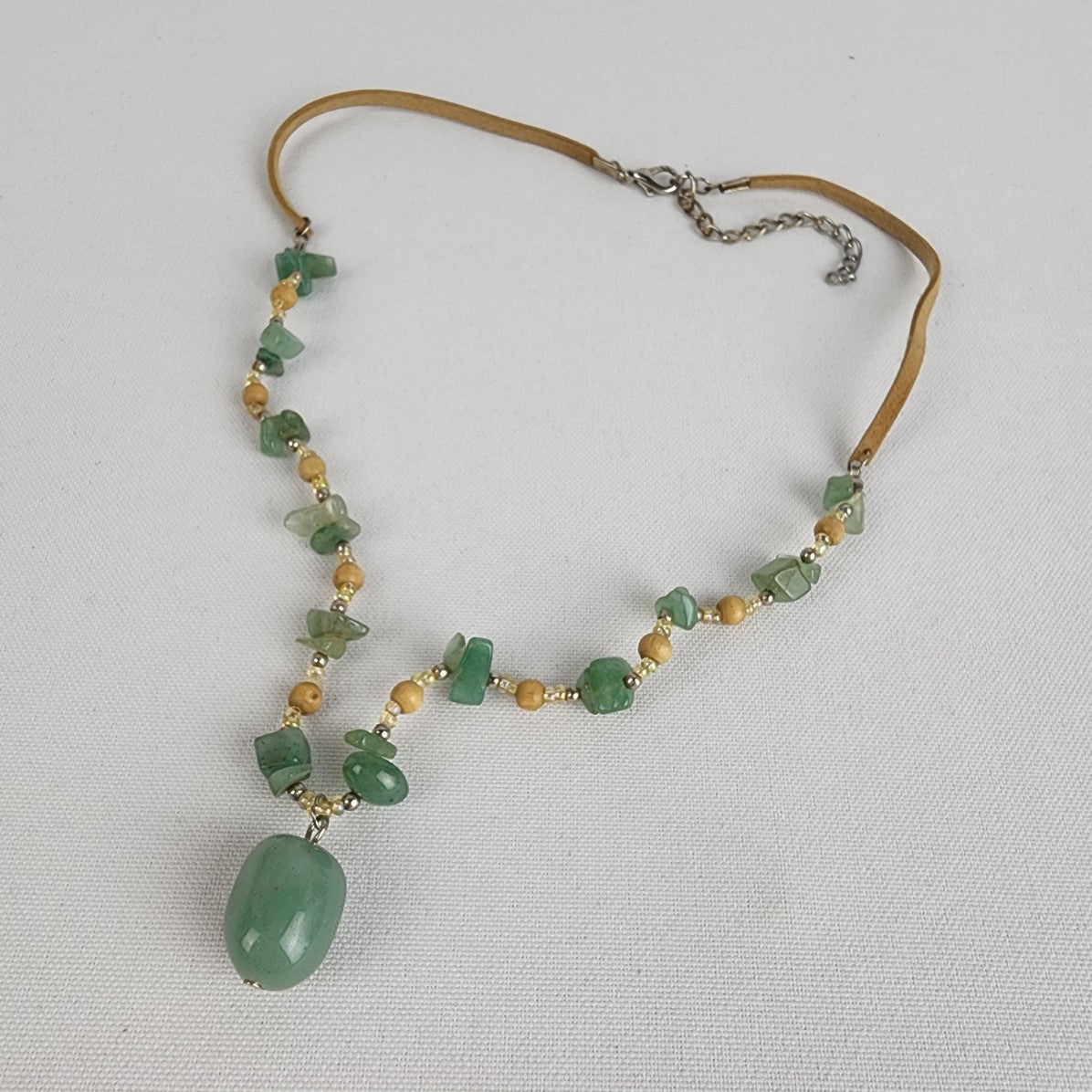 Green Natural Stone Brown Cord Necklace