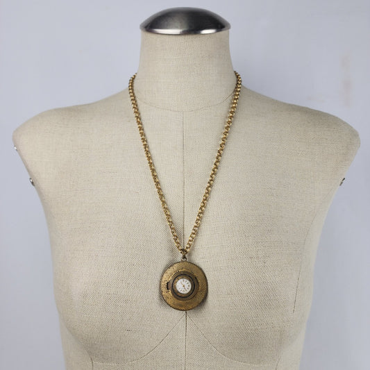 Vintage Caravelle Back & Gold Tone Pendant Watch Necklace 7 jewels