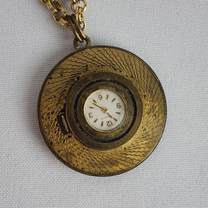 Vintage Caravelle Back & Gold Tone Pendant Watch Necklace 7 jewels
