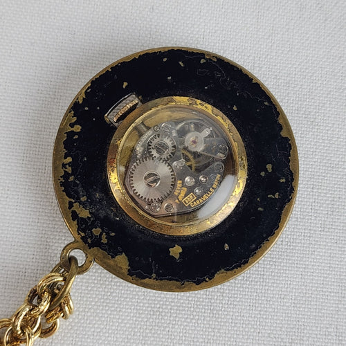 Vintage Caravelle Back & Gold Tone Pendant Watch Necklace 7 jewels