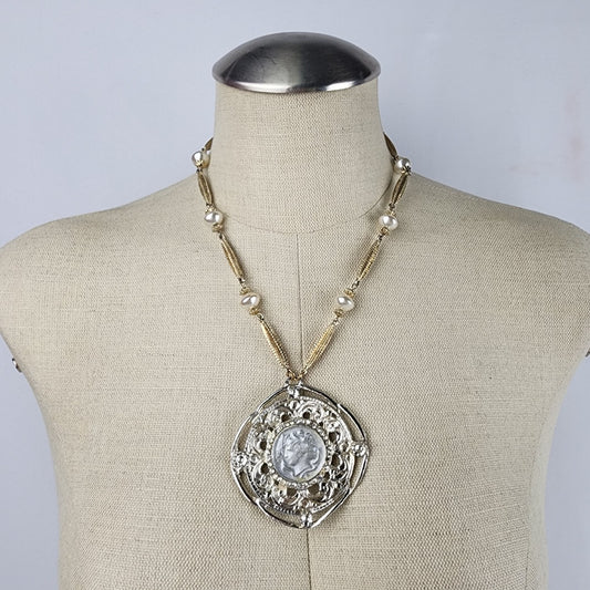 Vintage Cameo Gold & Silver Medallion Faux Pearl Necklace