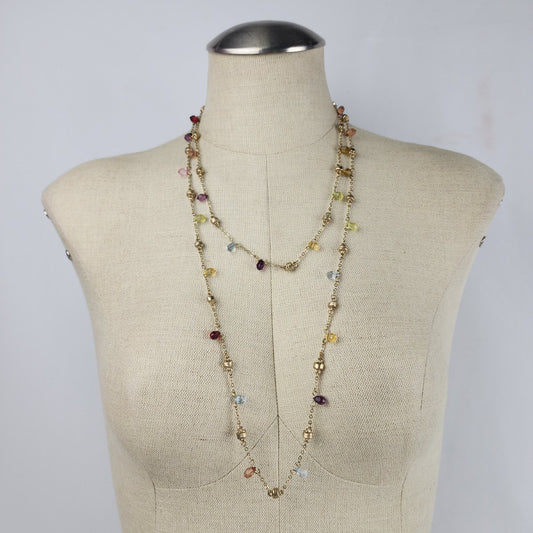 Gold Tone Chain Colorful Crystal Detail Long Necklace