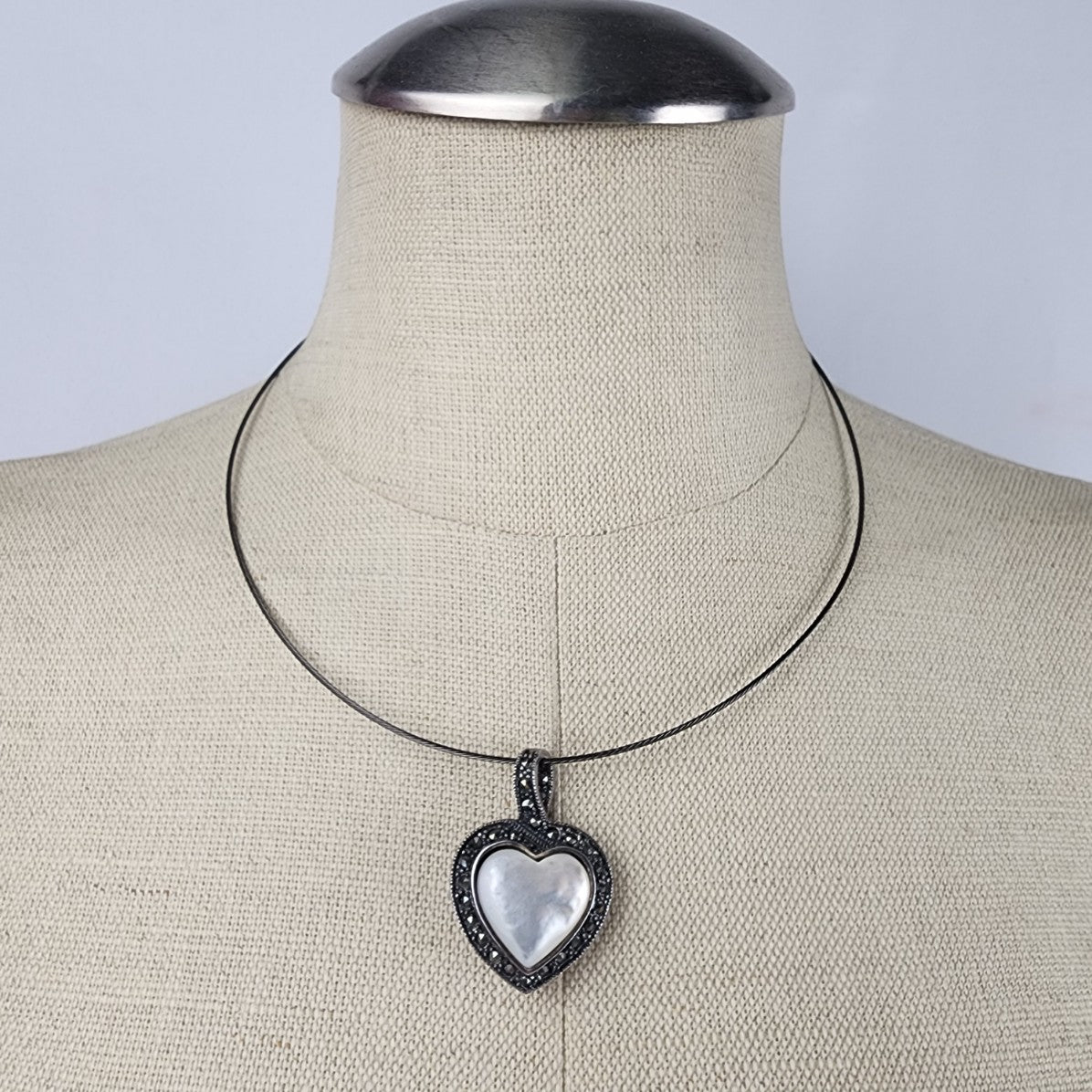 Silver Marcasite Glass Heart Pendant Necklace