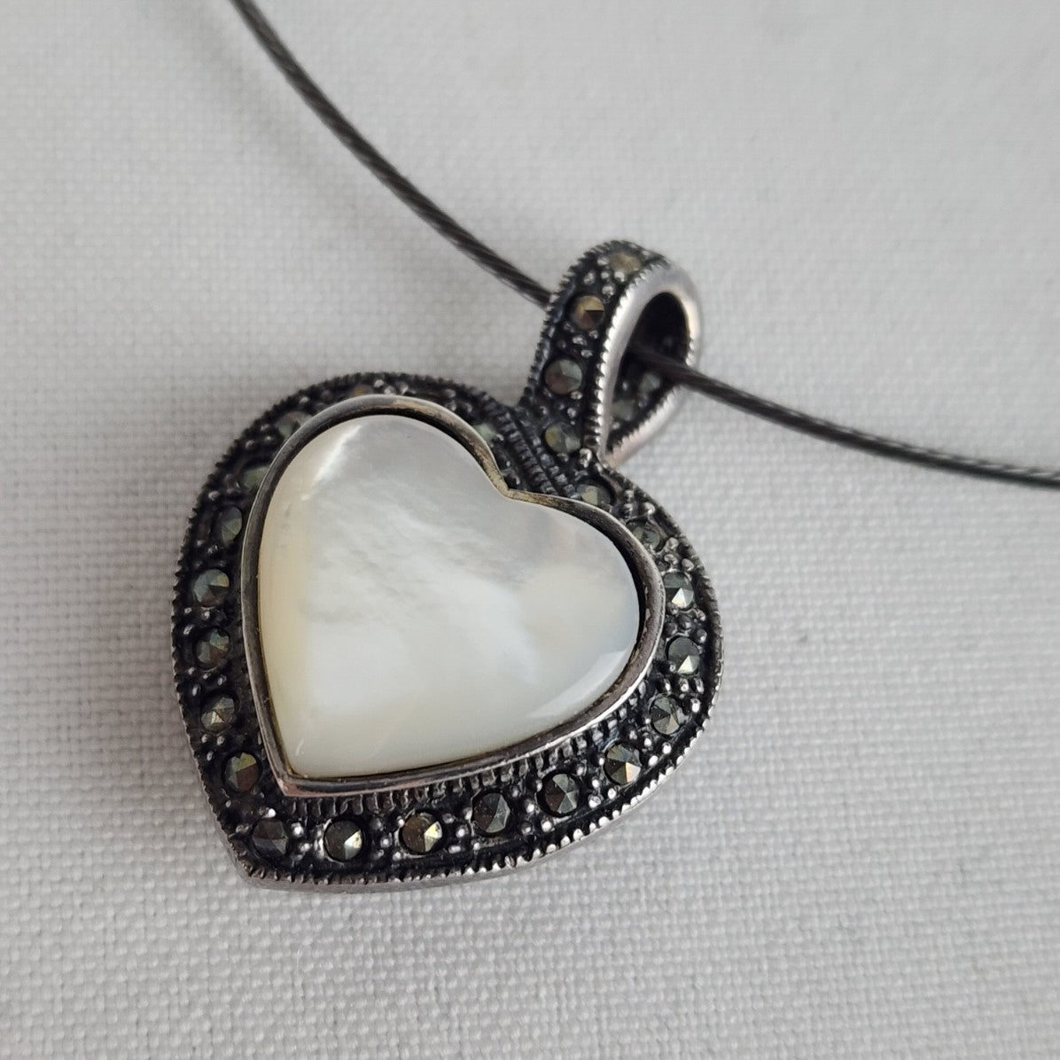 Silver Marcasite Glass Heart Pendant Necklace