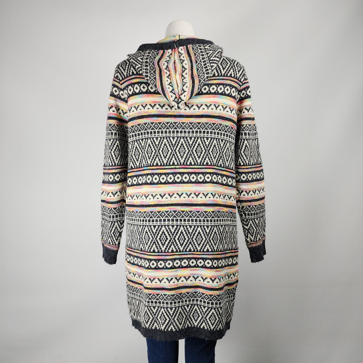 Colorful Aztec Print Knit Long Line Cardigan Size L