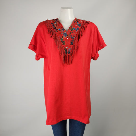 Vintage Hang Ups Red Aztec Fringe Cotton T-shirt Size L