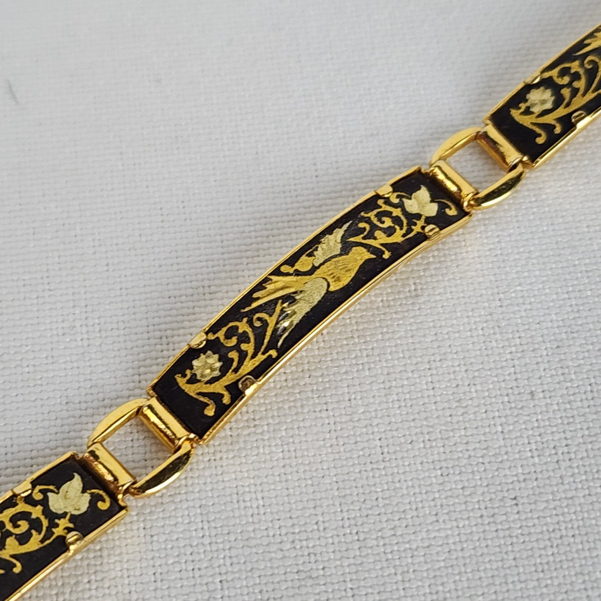 Vintage Spanish Damascene Gold & Black Dove Link Bracelet