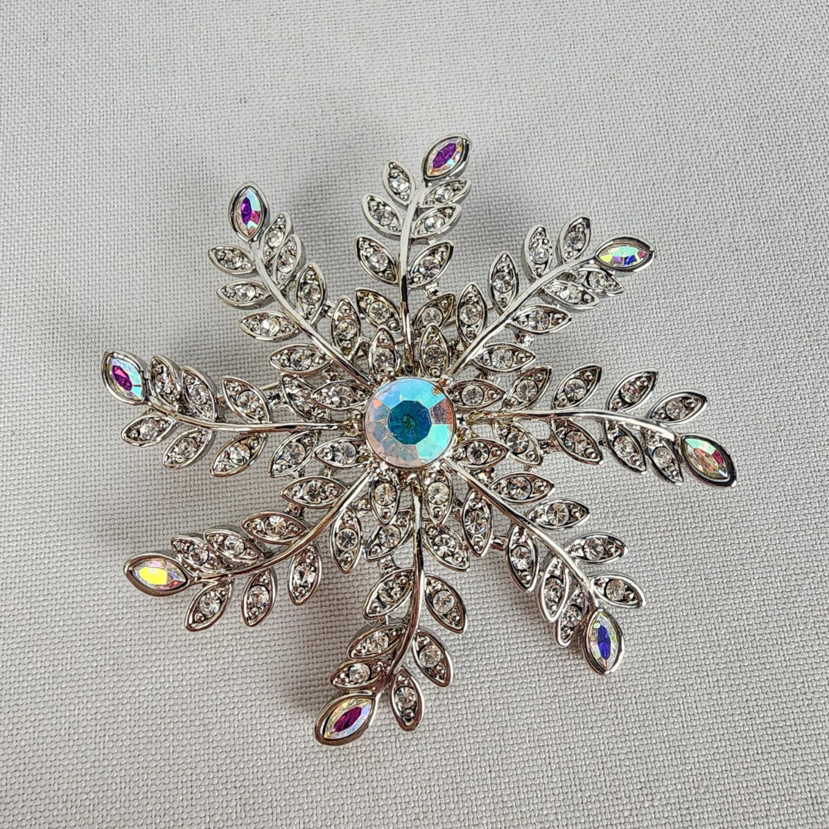 Vintage Silver Tone AB Rhinestone Snow Flake Brooch