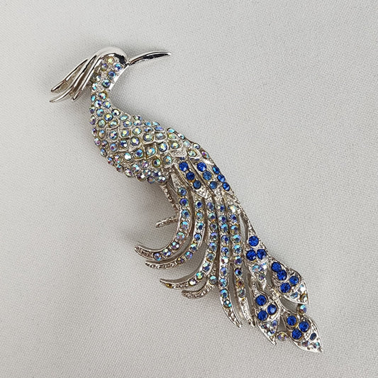 Silver AB Rhinestone Peacock Statement Brooch