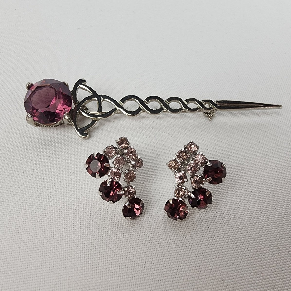 Vintage Continental Purple Crystal Scottish Kilt Pin & Screw Back Earrings