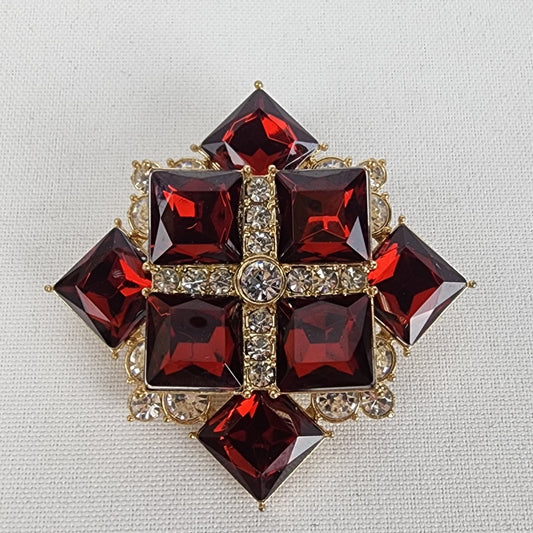 Avon Red Faceted Glass & Crystal Oversize Brooch