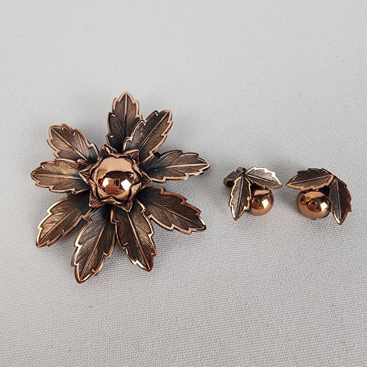 Vintage Solid Copper Flower Brooch & Clip On Earrings