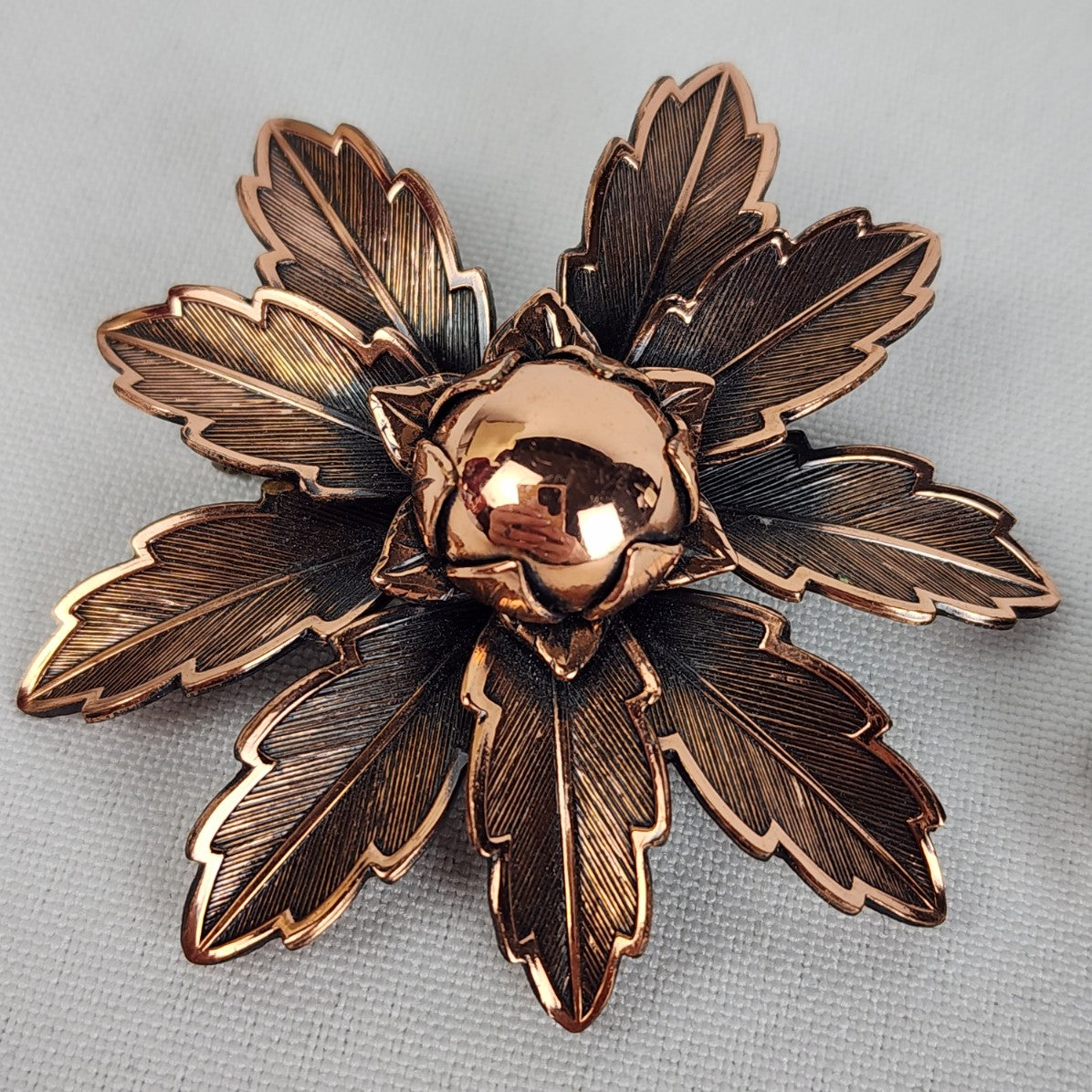 Vintage Solid Copper Flower Brooch & Clip On Earrings