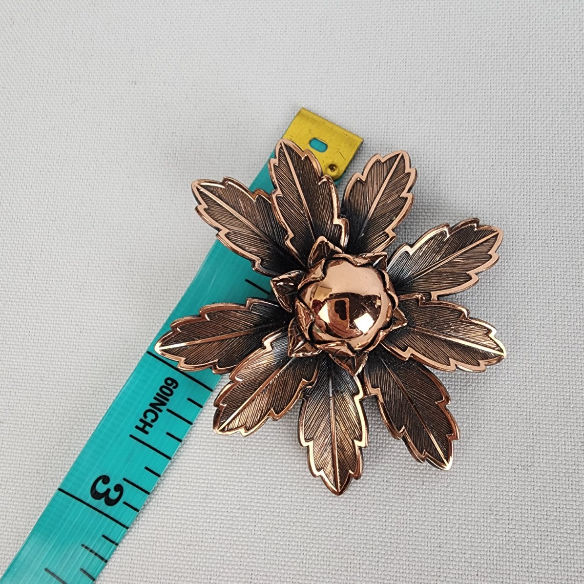 Vintage Solid Copper Flower Brooch & Clip On Earrings