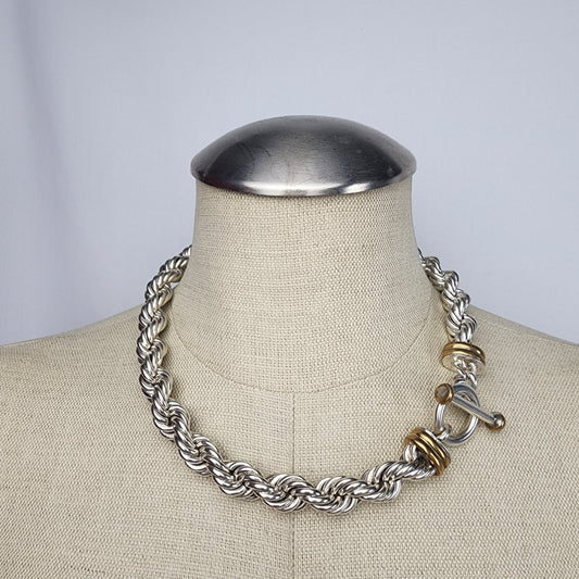 Vintage 925 Mexico Sterling Silver Chunky Rope Chain Toggle Necklace