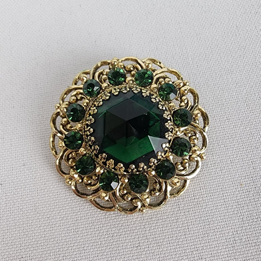 Vintage Gold Tone Green Glass Stone Crystal Brooch