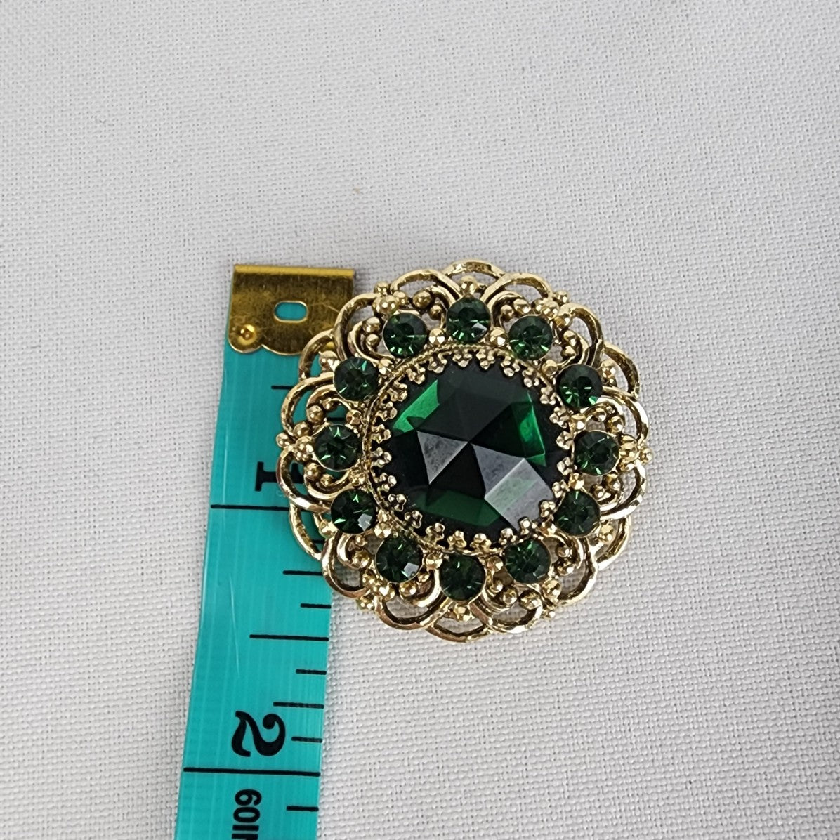 Vintage Gold Tone Green Glass Stone Crystal Brooch