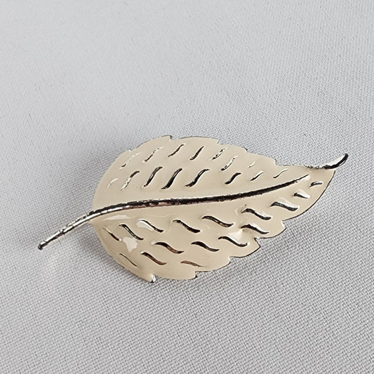 Vintage White Enamel Leaf Brooch