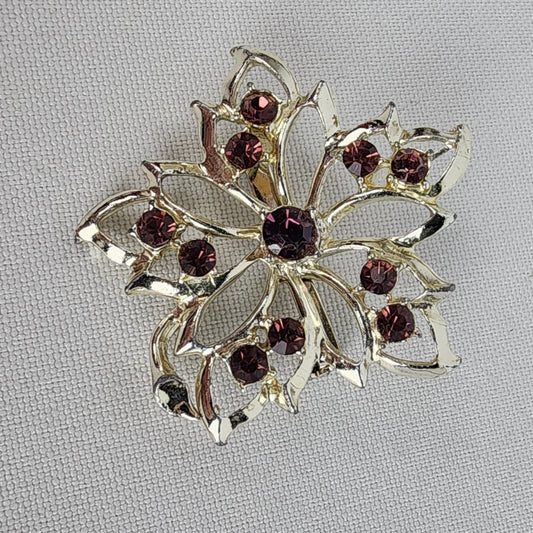 Vintage Gold Tone Purple Rhinestone Flower Brooch