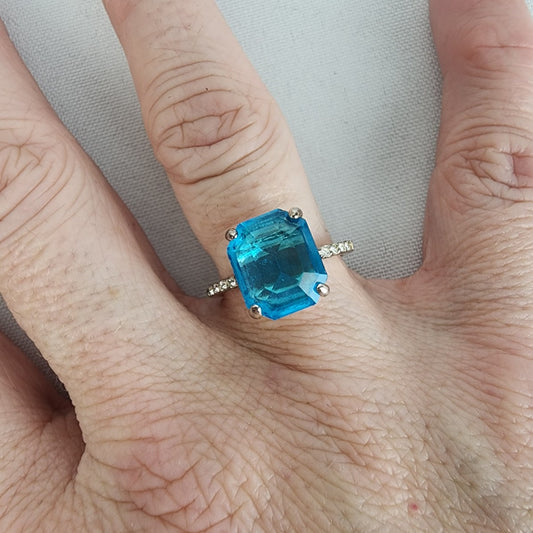 Silver Tone Blue Square Crystal Stone Ring Size 8.5