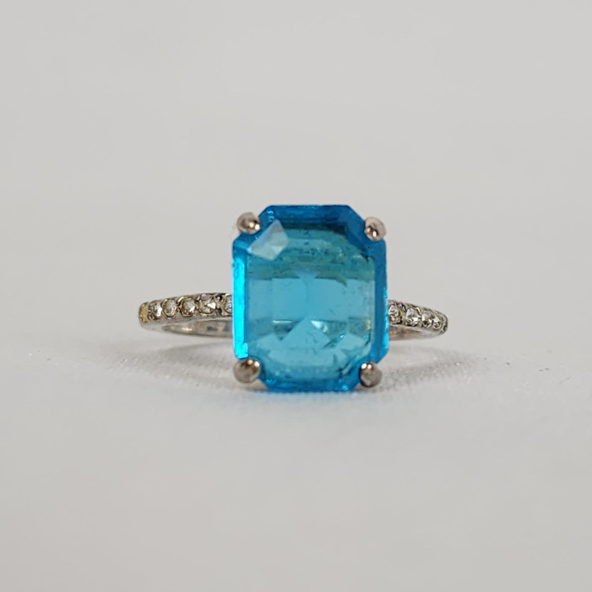 Silver Tone Blue Square Crystal Stone Ring Size 8.5