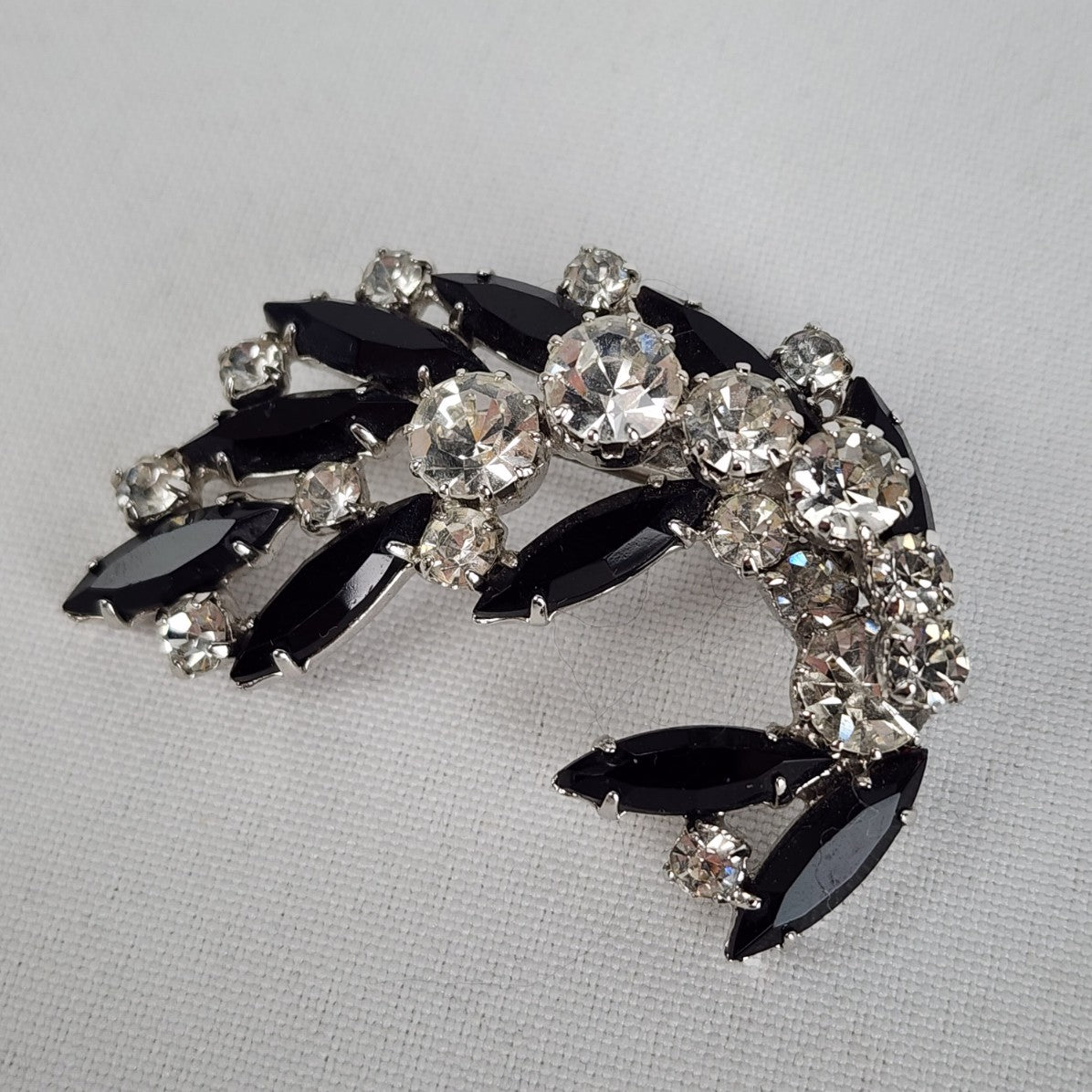 Vintage Silver & Black Rhinestone Brooch & Earrings