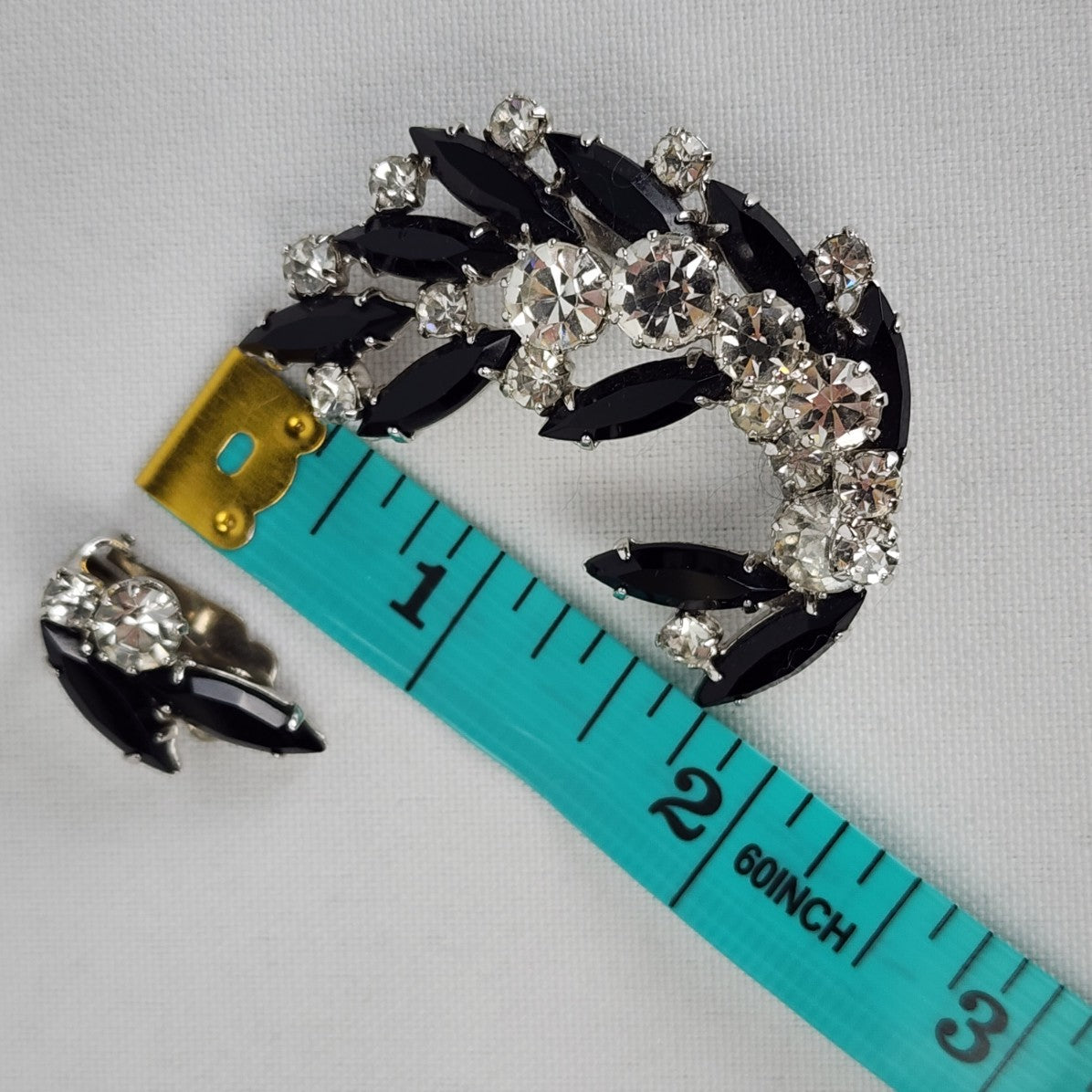 Vintage Silver & Black Rhinestone Brooch & Earrings