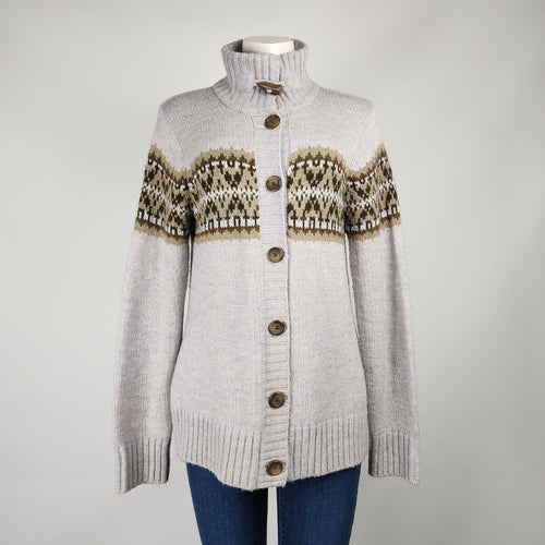 Lady Hathaway Grey Wool Fair Isle Knit Button Up Cardigan Size M