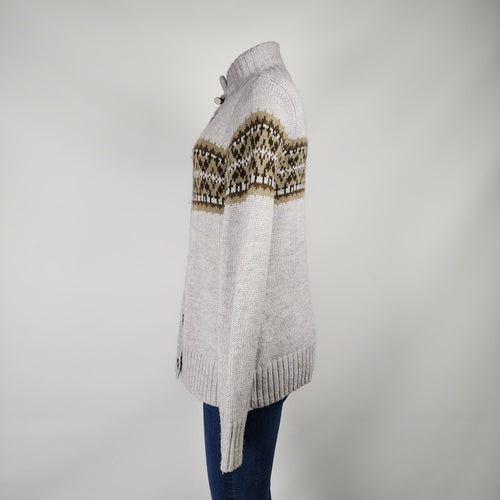 Lady Hathaway Grey Wool Fair Isle Knit Button Up Cardigan Size M