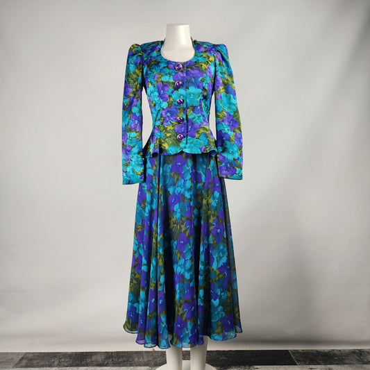 Vintage Nu Mode Purple Floral Button Up Jacket & Midi Skirt Size 7/8