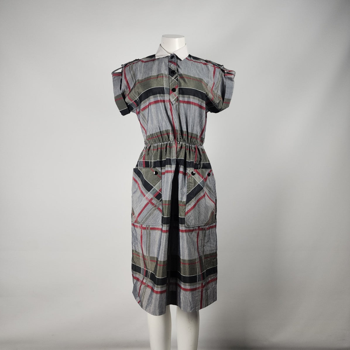 Vintage Leslie Fay Grey Plaid Collared Midi Dress Size S/M