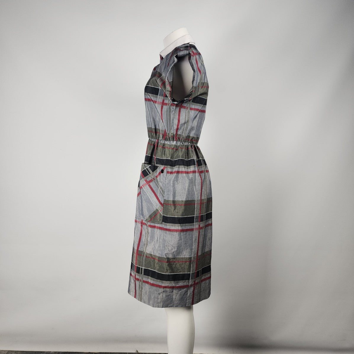 Vintage Leslie Fay Grey Plaid Collared Midi Dress Size S/M