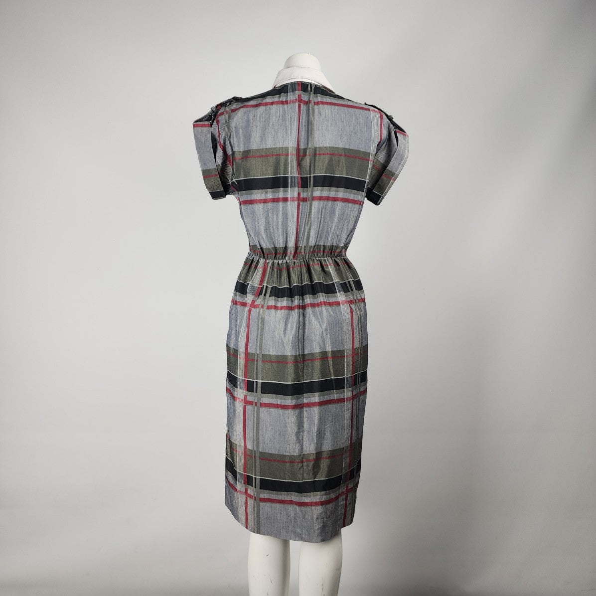 Vintage Leslie Fay Grey Plaid Collared Midi Dress Size S/M