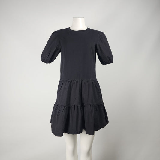 Retrod Black Cotton Puff Sleeve Tiered Mini Dress Size M