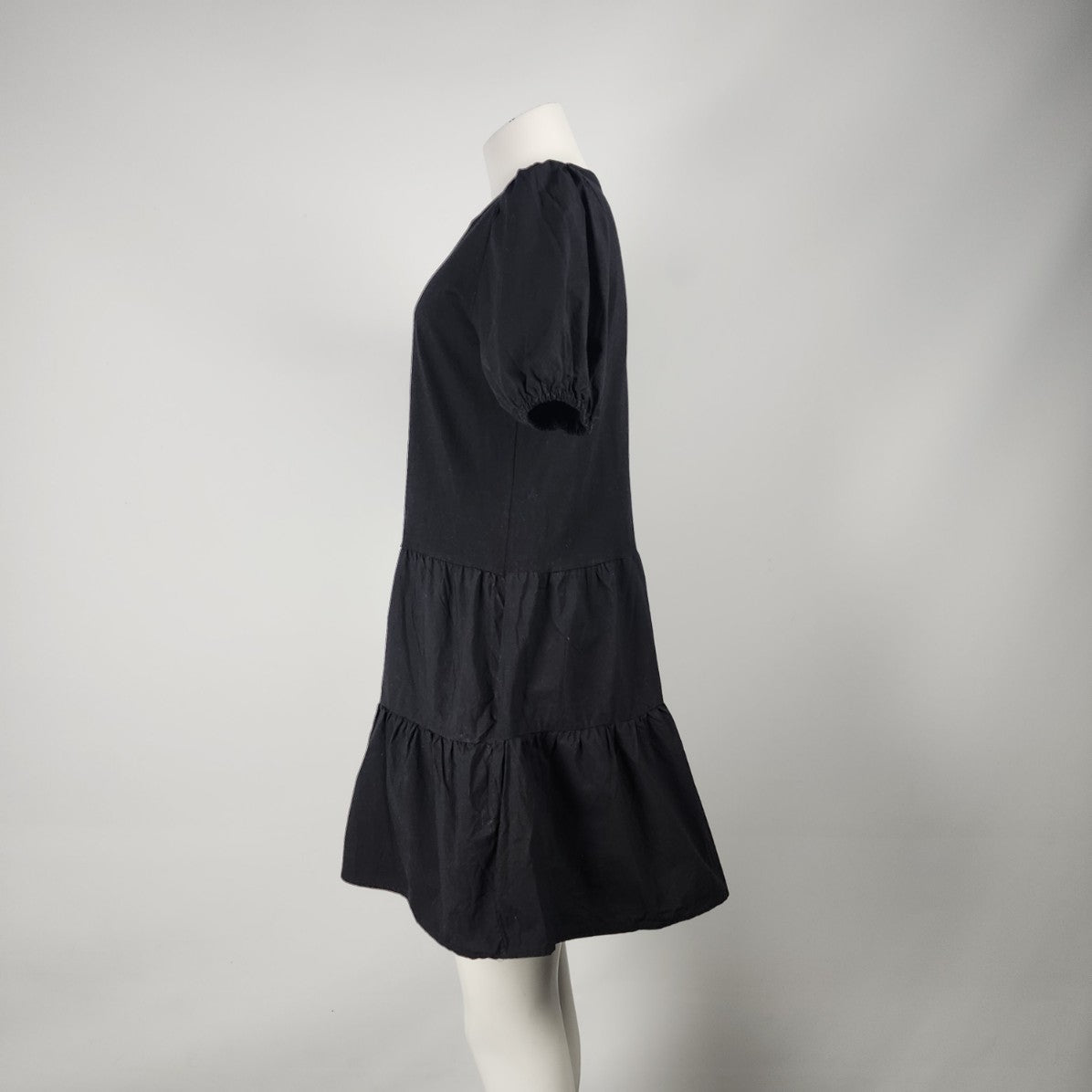 Retrod Black Cotton Puff Sleeve Tiered Mini Dress Size M