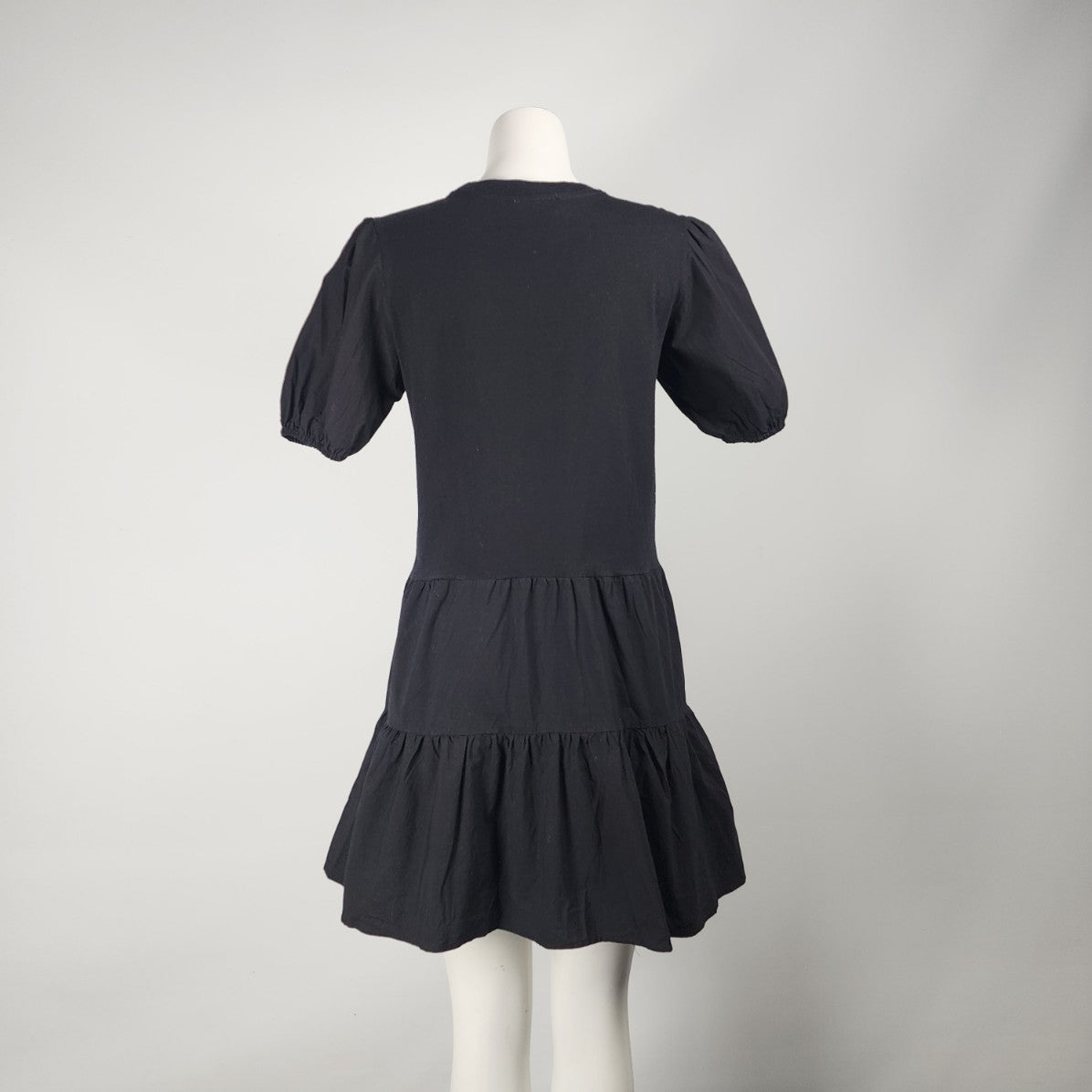 Retrod Black Cotton Puff Sleeve Tiered Mini Dress Size M